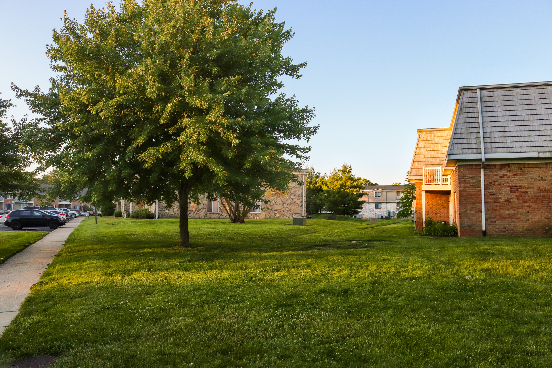 Apartment complex buildings and lawn, a common setting when weighing rent vs buy